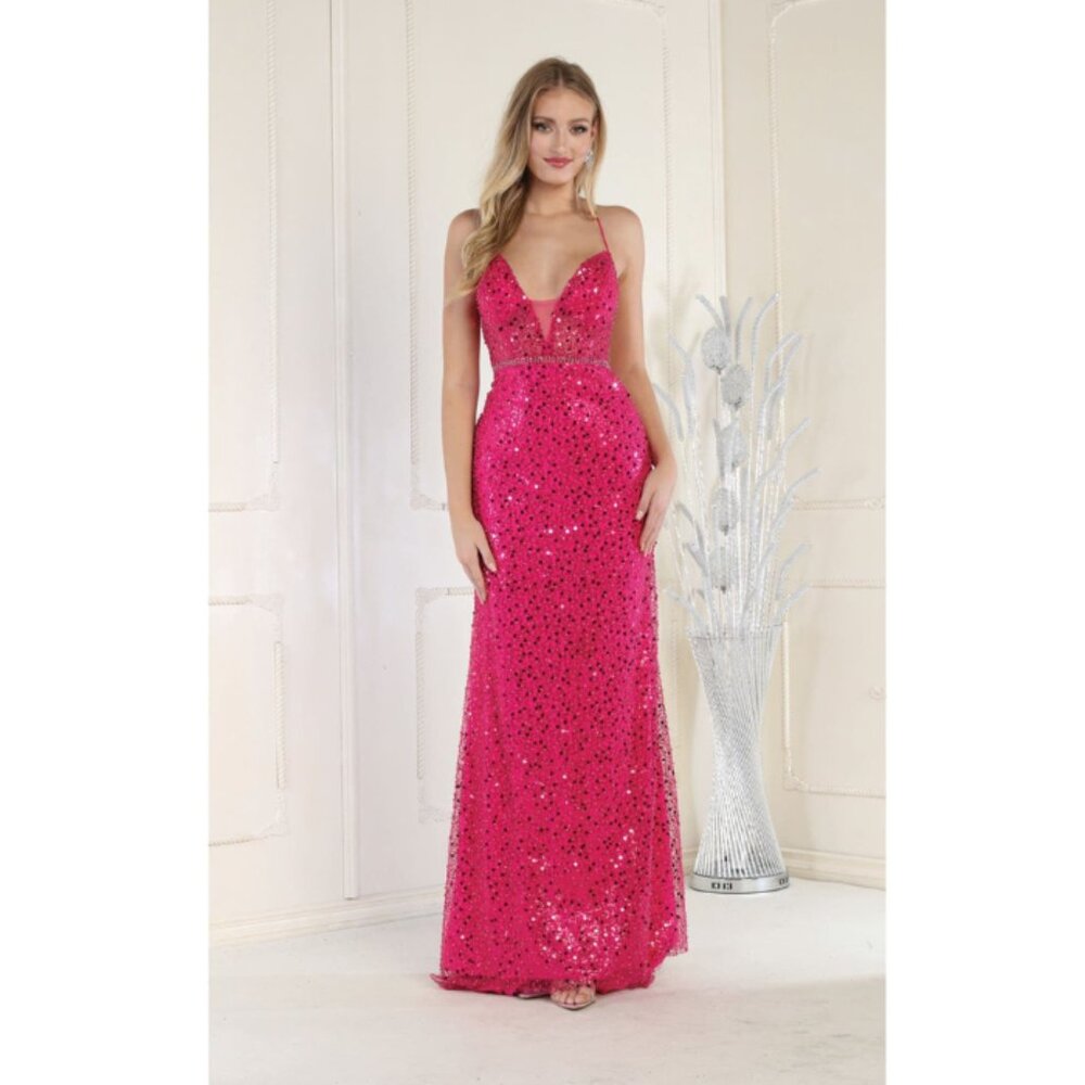Fuchsia Prom Long V-Neck Spaghetti Straps Sheath Dress By Royal Queen RQ7993
